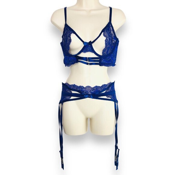 Seven Til Midnight Lace Underwire Bra & Garter Belt XL Cobalt Blue Intimacy Sexy - Picture 1 of 12